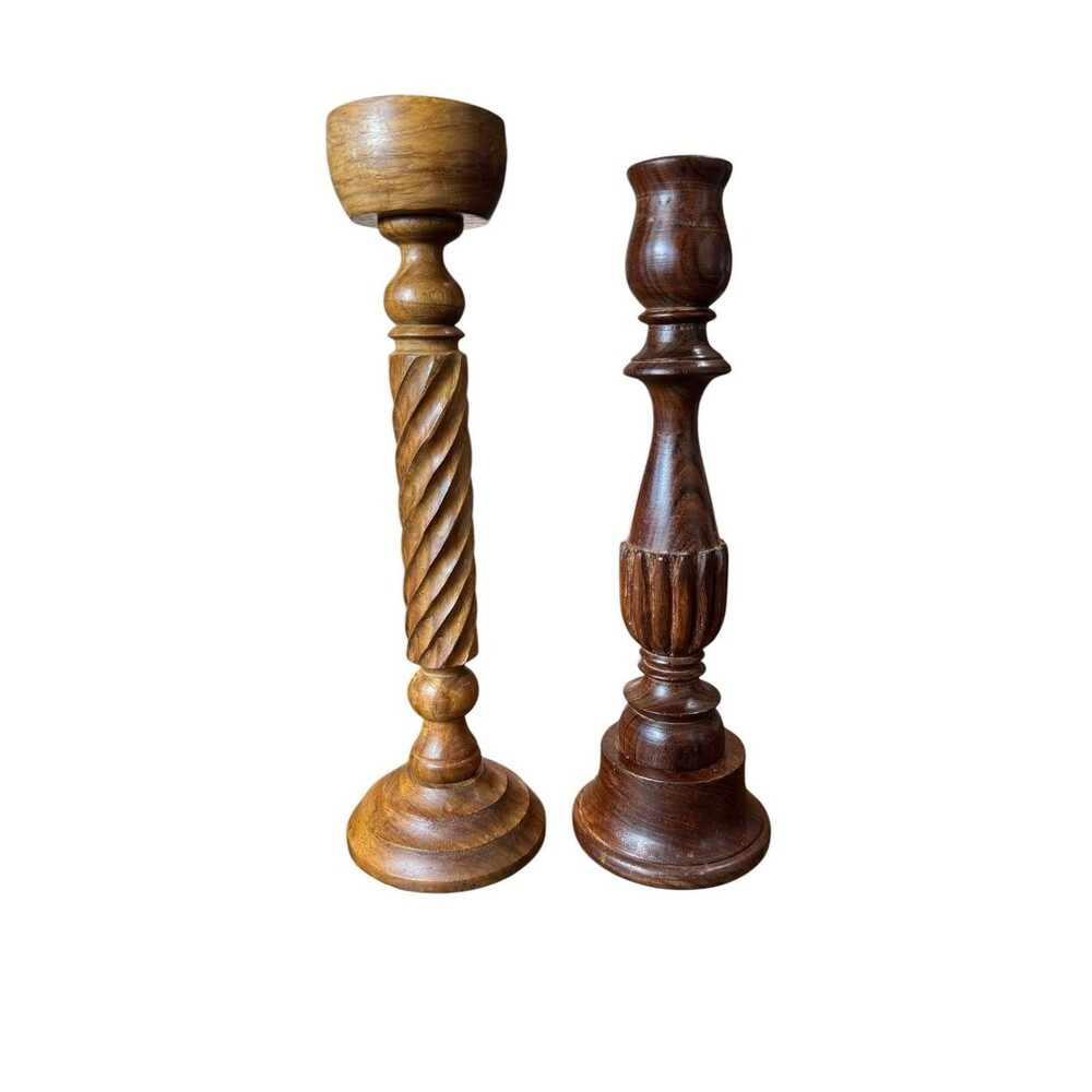 Vintage Dark Barley Twisted Wooden Candlestick Holders Taper Holders Farmhouse